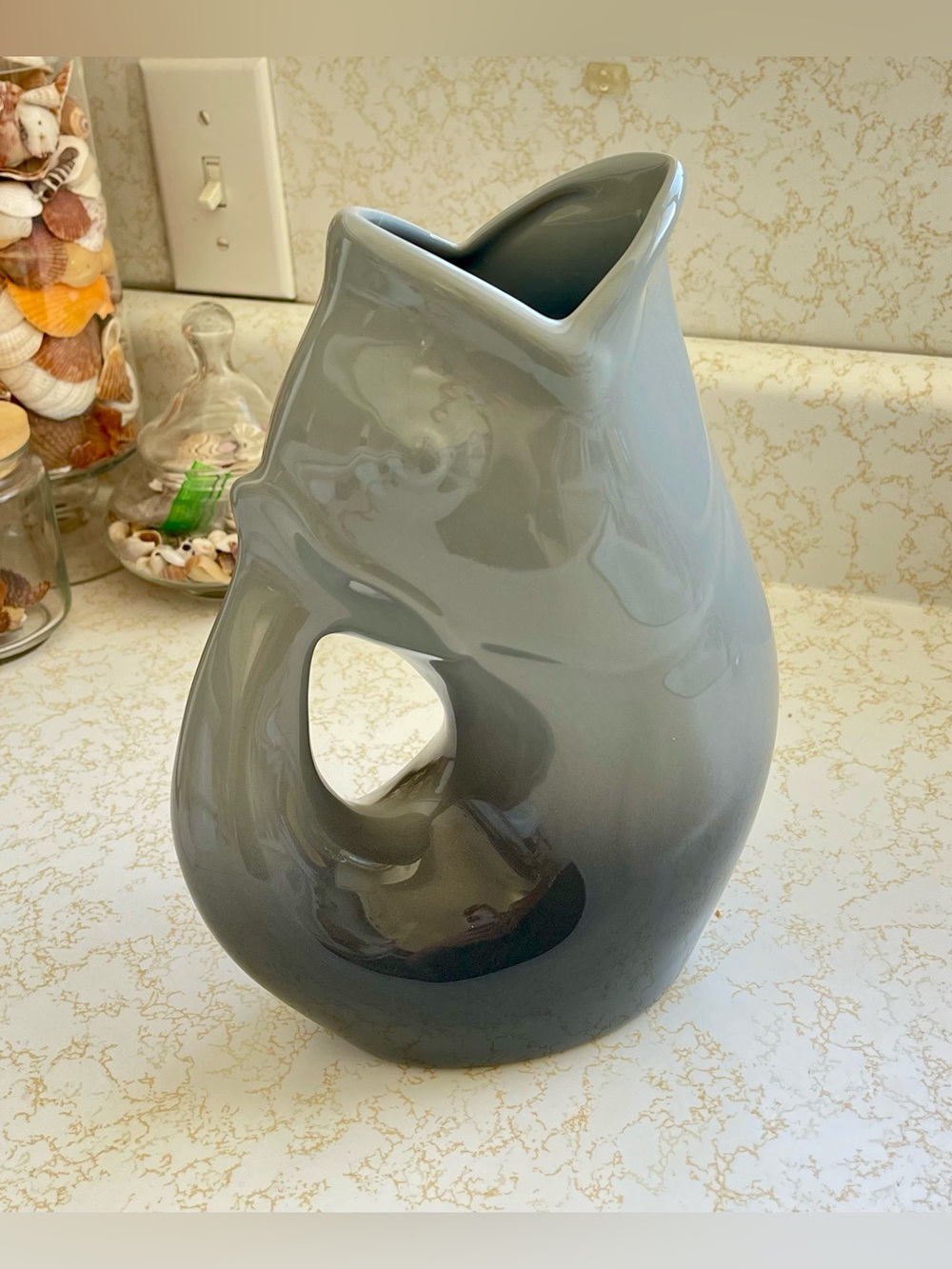 Vintage Gurgle Pot Gurgling Fish Water Beverage Pitcher Gray Ombré Nautical